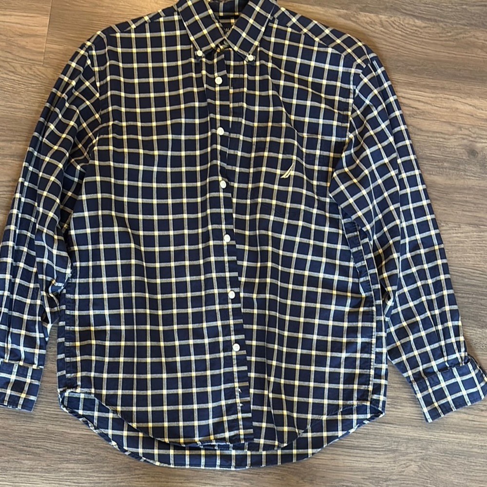 Nautica Men's Navy with yellow Checkers Shirt